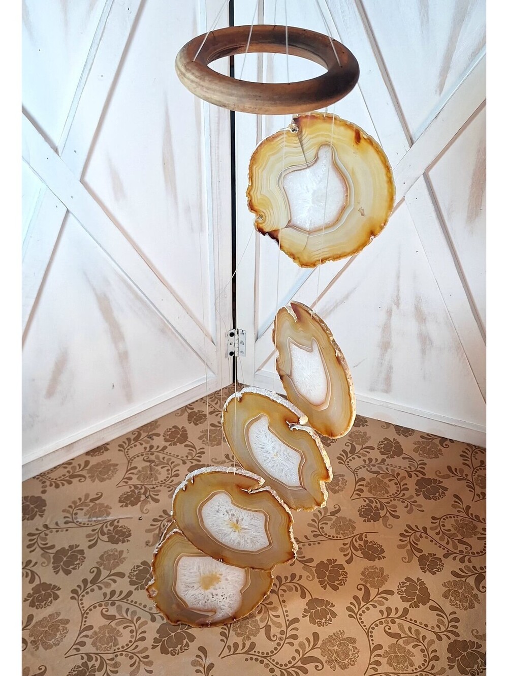 Brazilian Agate Sliced Stone Wind Chime Hanging Mobile 34" Long